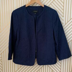 Talbots cotton blend Jacquard Embossed textured Blazer Navy Blue front clasp 16